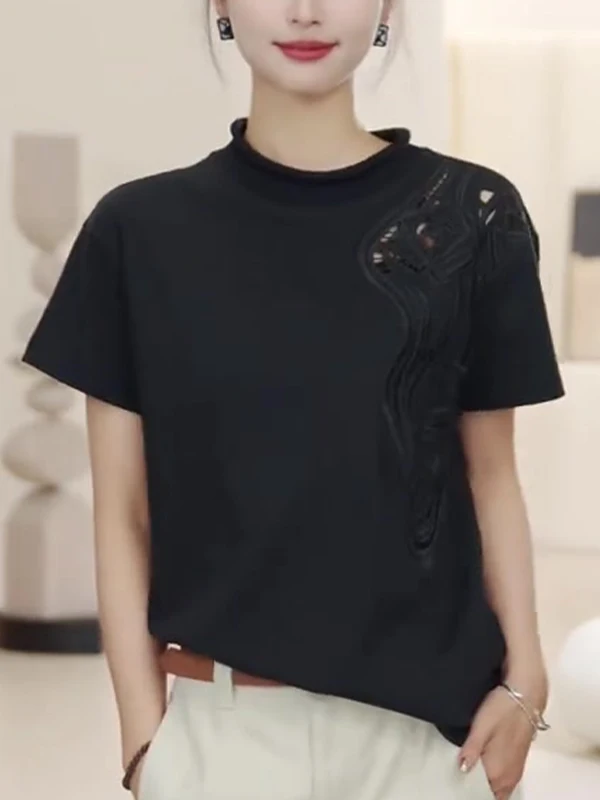 

Ele Bla round Ne Hollow out Design ort Sve Top Women's Faionable Summer Simple Personali Korean Sle T-irt