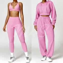 2/3/4 Matching Yoga Sets Women Outfits Fitness Tracksuit Gym Workout Sport Suit Pockets Leggings Zipper Hoodie Jacket Sweatpants