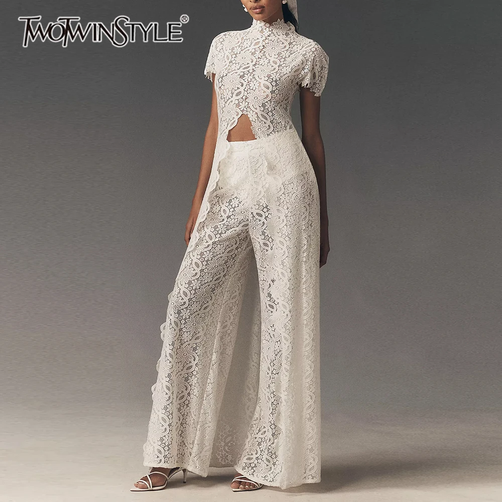 TWOTWINSTYLE Weißes Zweiteiler-Set mit Spitzeneinsätzen für Damen, O-Ausschnitt Kurzarm-Oberteil, Französisch-Elegante Damenhosen-Kombination, Modisch Neu