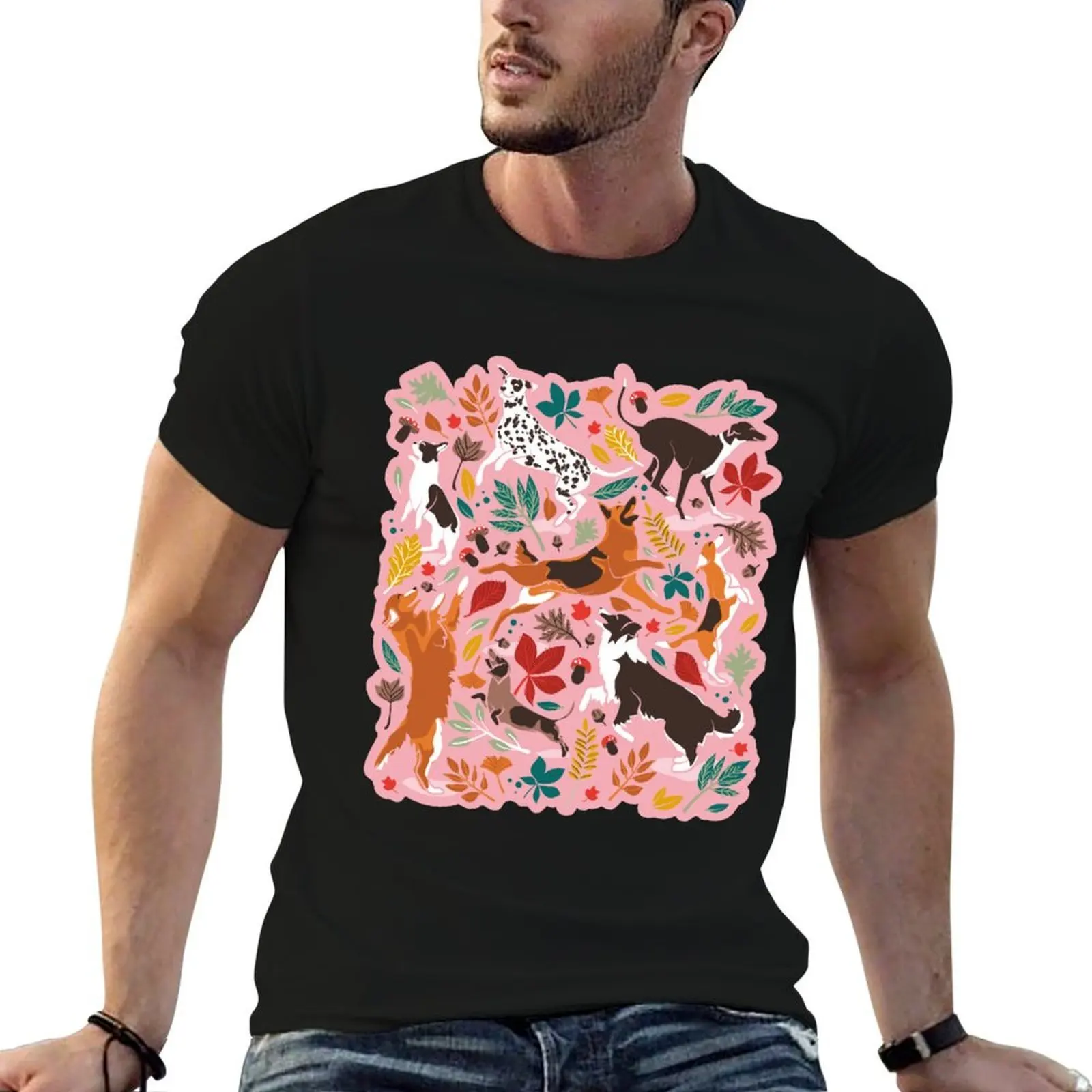 

Autumn paw-fection // light pink background dogs jumping and dancing with many leaves in fall colors T-Shirt