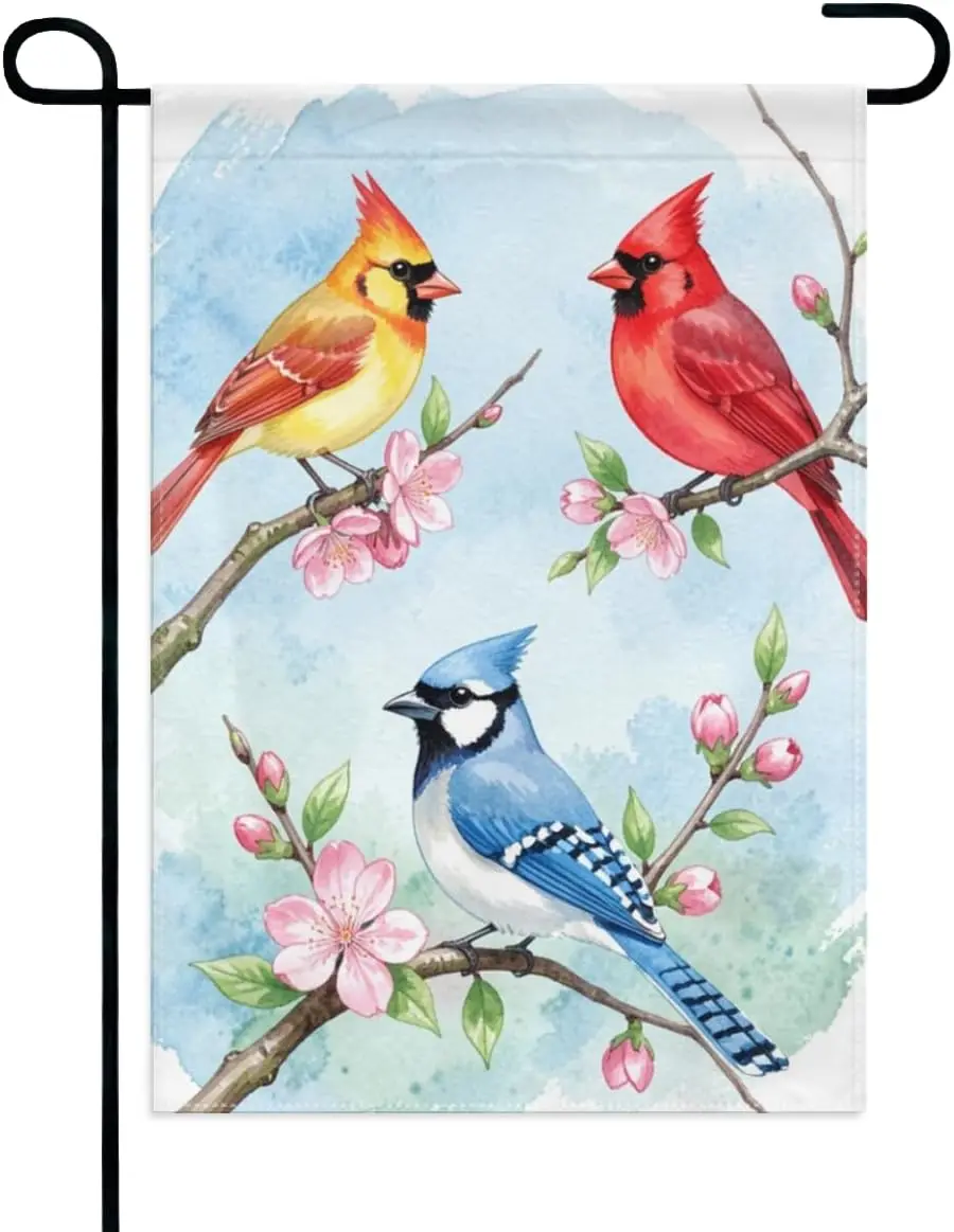 Bandera de jardín con diseño floral de pájaro azul cardenal, 12x18 pulgadas, de doble cara, decoración de jardín con pájaros y flores de primavera para césped exterior y P AAM