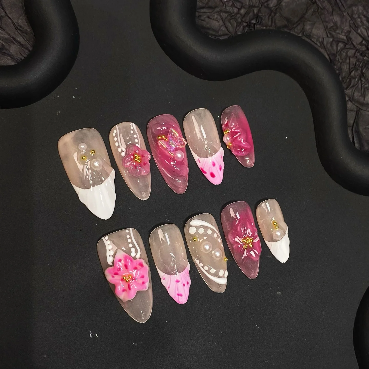 

10Pcs Handmade Press on Nails with 3D Flower Long Almond Fake Nails Pink Shell Design French Fake Nail Wearable Nail Art Tips