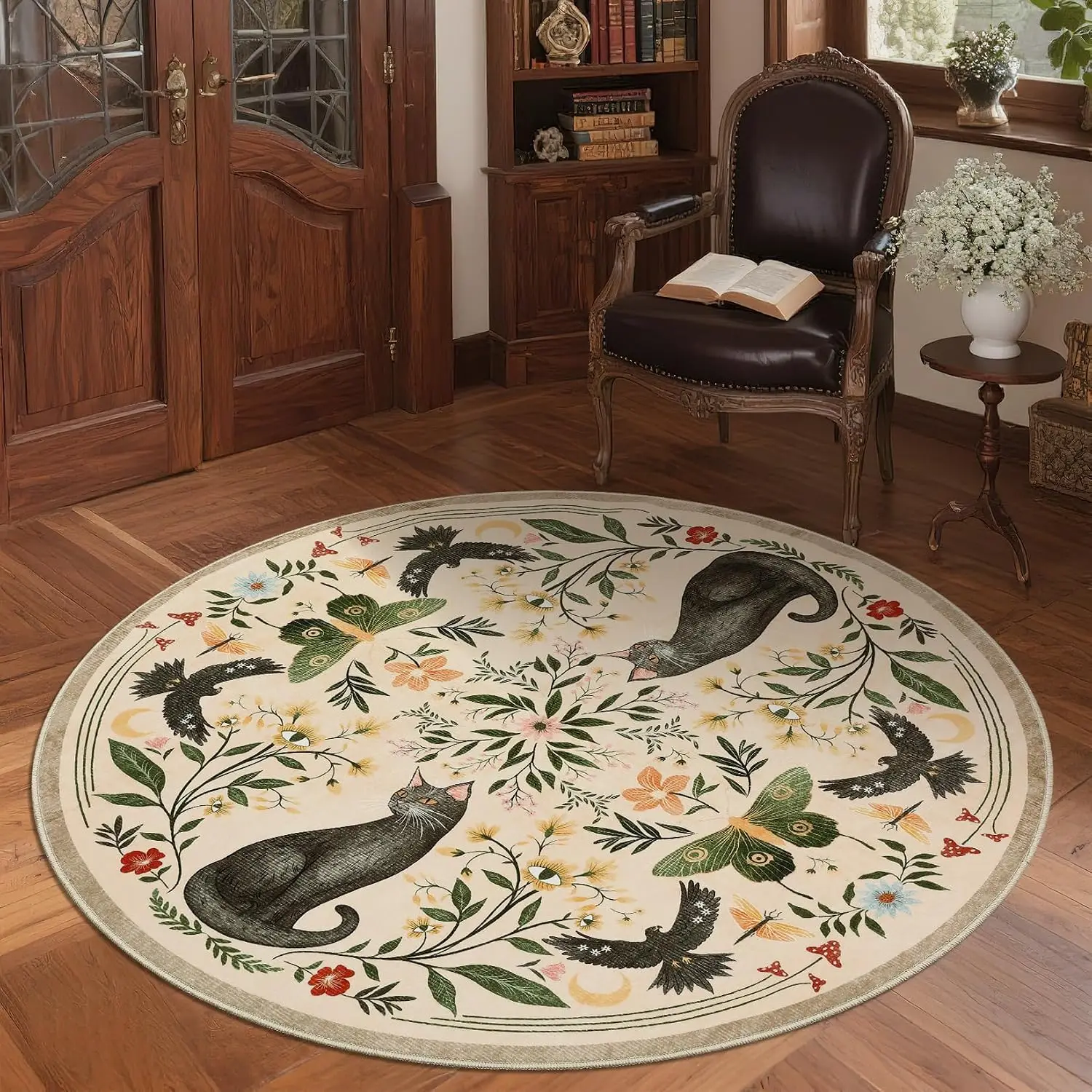 Vintage Cottage Round Rug Black Cat Crow Moth Carpet Circular Area Rug for Living Room Bedroom Mystic Home Decoration Floor