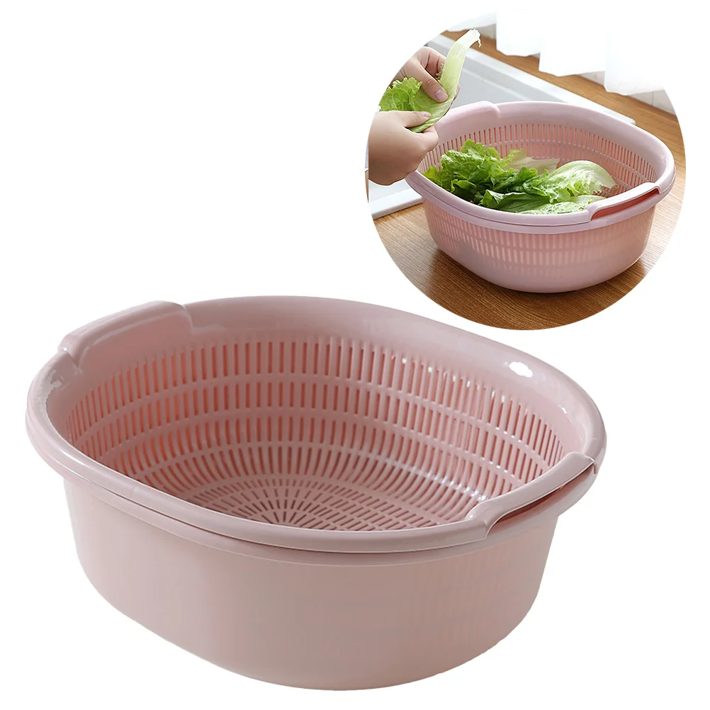 

2 In Strainer Pink Detachable Fruit Vegetable Colander Set Plastic Bowl Drain Rack For Sink Counter Storage