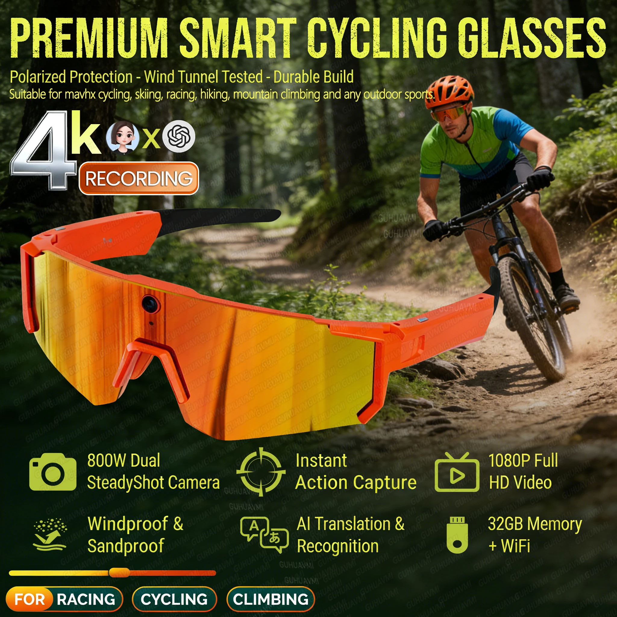 

Новые премиальные умные очки для велоспорта 2026 года, мужские, с камерой 800W 4K HD, стабилизацией изображения, точной фиксацией, AI-чатом и ветрозащитой