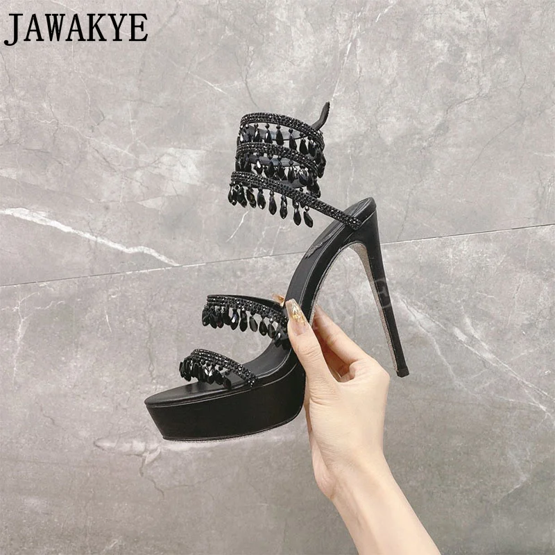 Thick Sole Crystal Ankle Wrapped Gladiator Sandals Women Designer Brand Beading High Heel Shoes Summer Sexy Platform Sandals