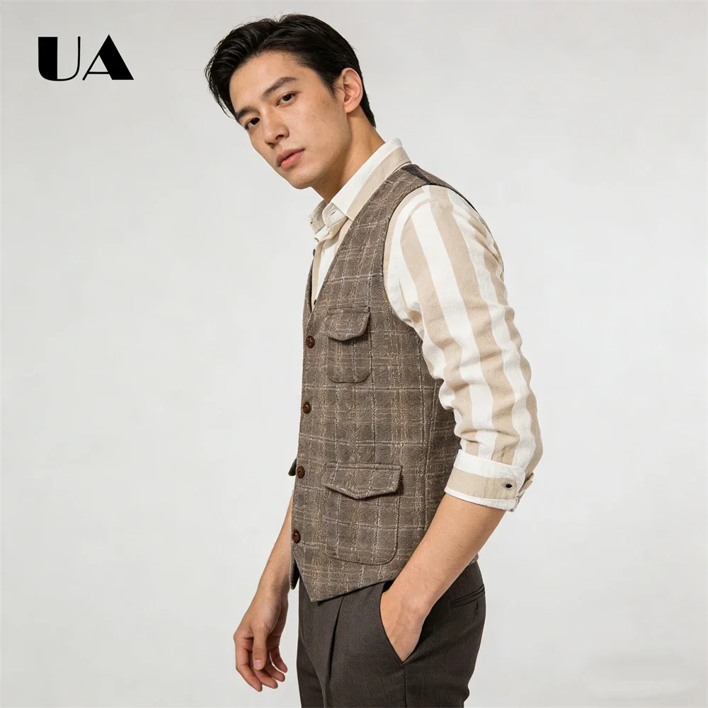 

Retro Plaid Suit Vest for Men, Single Row V Neck Formal Waistcoat Plus Size Black Brown Suit Vest