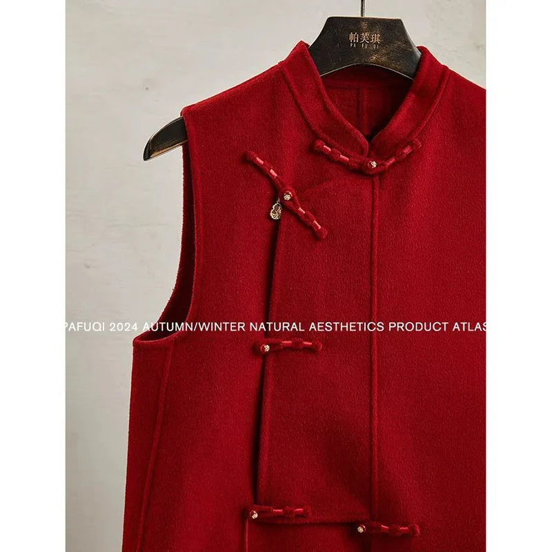 

Новый красный женский жилет в китайском национальном стиле, осень-зима, шерстяной жилет в стиле ретро, верхняя юбка, осень-зима, новый женский шерстяной жилет, пальто