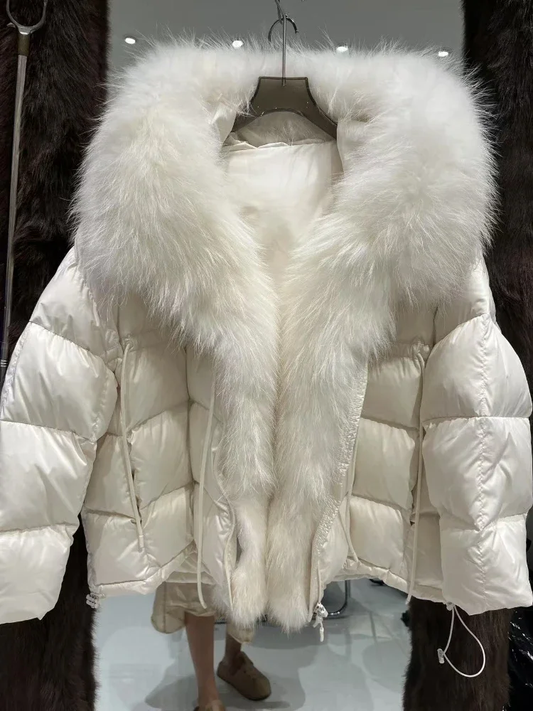 2025 New Thick Warm White Duck Down Coat Waterproof Parka Oversized Raccoon Fur Collar Winter Puffer Hooded Jacket Women