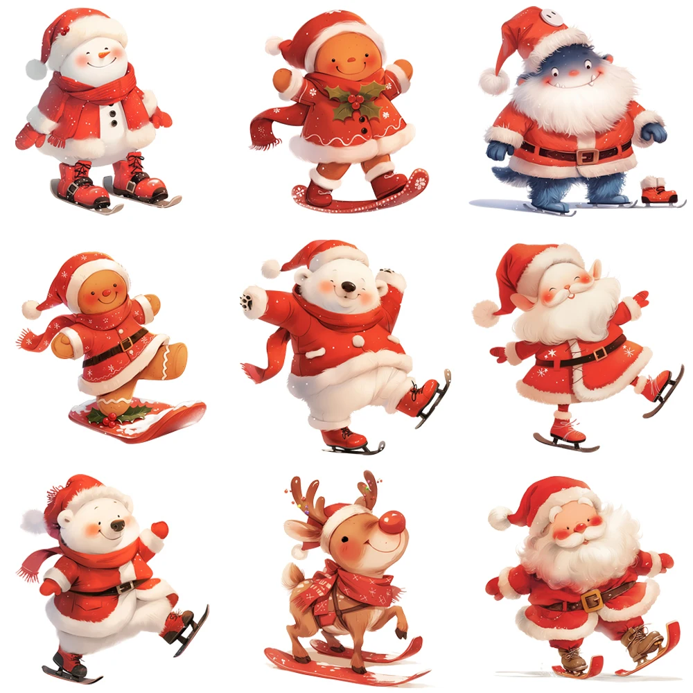 15cm Kids Elk Santa Claus Skating Into Christmas Iron On Transfer Stickers Diy DTF Heat Transfer Sticker T-shirt Clothes Decal