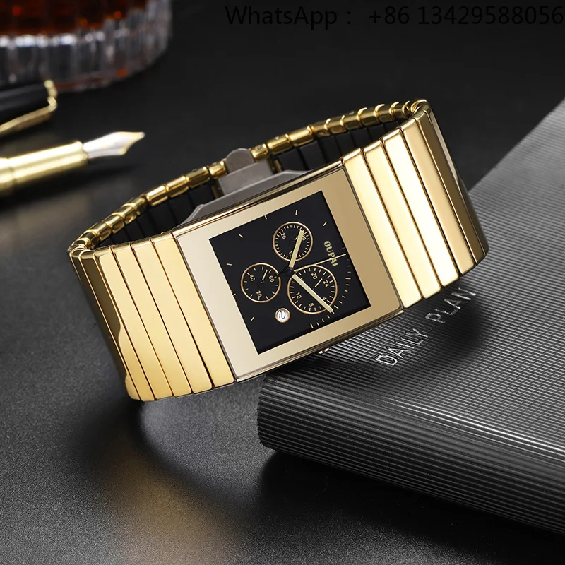 OUPAI 34mm Wide Old Classic Black Ceramic Rectangle Watch Chronograph Quartz  Waterproof TMI Brand Antique Style for Men