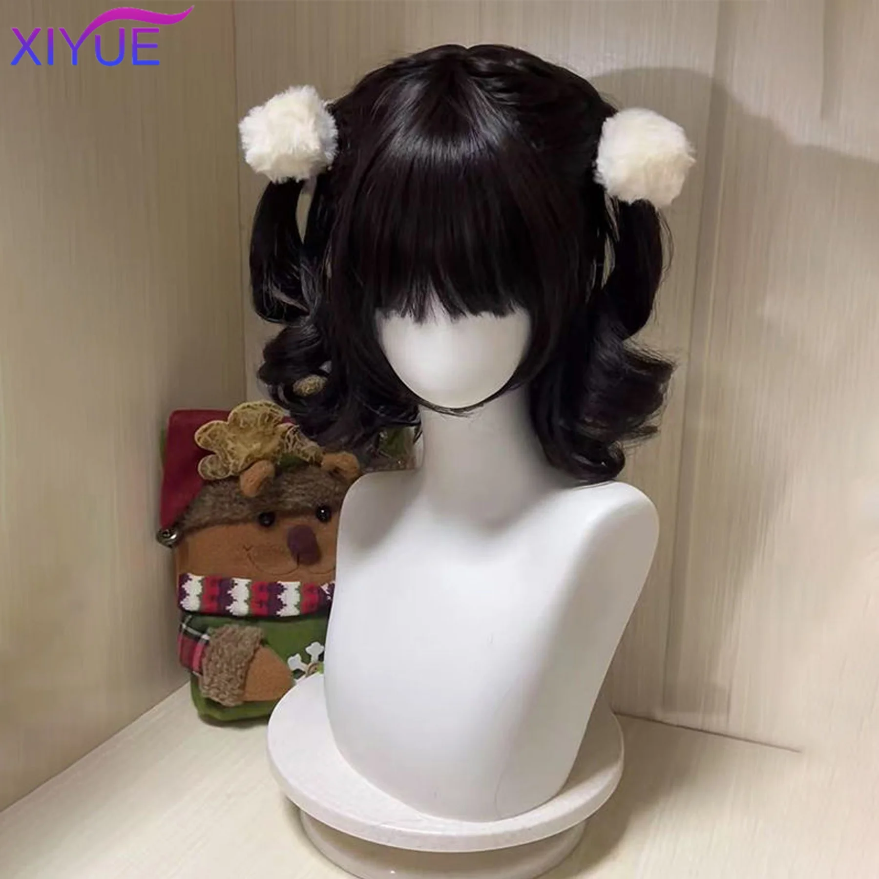 Parrucca sintetica corta riccia con doppia coda di cavallo Frangia Cosplay Lolita Party Chic Girls Princess Marrone Nero Capelli corti resistenti al calore