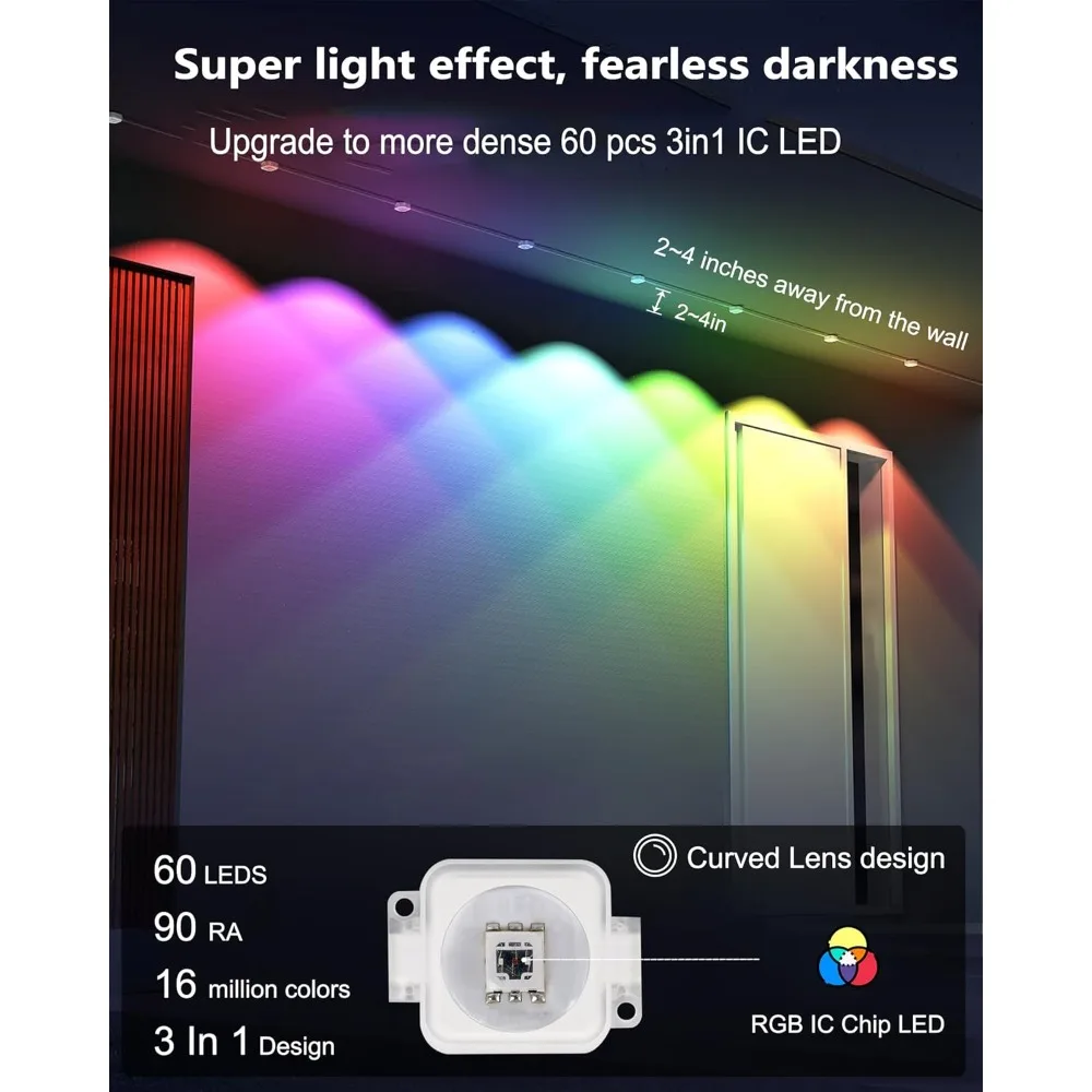 أضواء خارجية ذكية دائمة، 100 قدم مع 60 سلسلة أضواء LED RGBW+IC، IP67 مقاومة للماء مع 108 أوضاع للمشهد لـ Ha