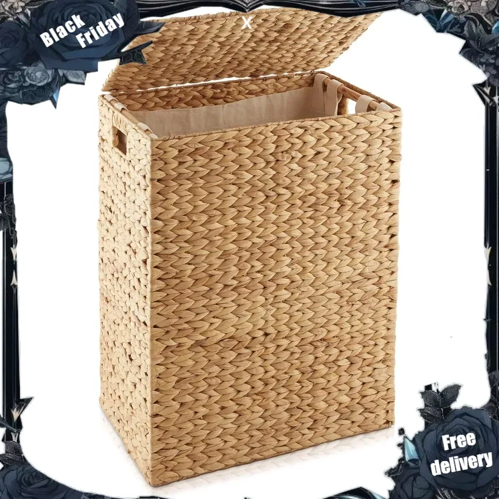 

Large Laundry Hamper with Lid and Removable Liner Bag - Natural, Woven Water Hyacinth Rectangular Laundry Basket Sorter