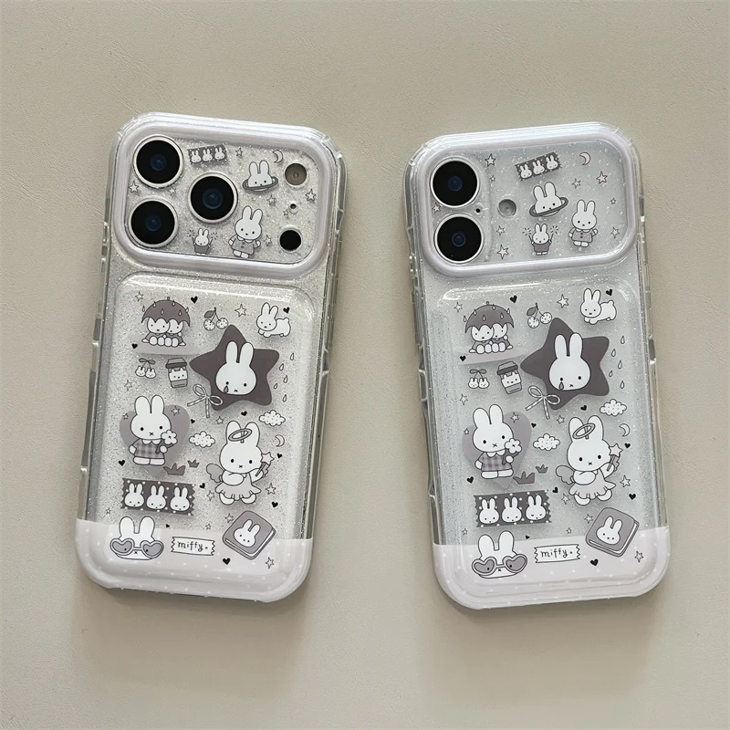 Koreanische Cartoon-Schutzhülle mit Schwarz-Weiß-Stern-Miffy-Illustration für iPhone 15 16 17 Pro Max, Niedliche Miffy Stoßfeste Hülle ﻿ ﻿ ﻿