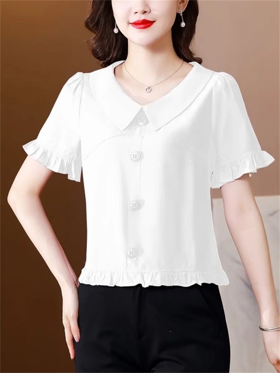 Woman Summer Style Slim Blouses Tops Lady Casual Half Lantern Sleeve Peter Pan Collar Solid Color Blusas Tops DF4405