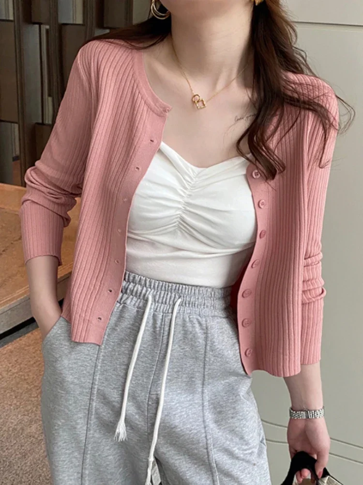 

Summer New Women Cardigan Korean Elegant Knitted Long Sleeve Female Casual Sweater Tanks Fashion New Slim Ladies Casual Tops