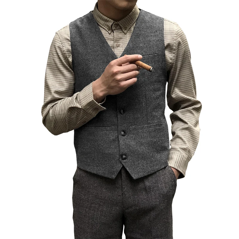 Plus Size Men\'s Suit Vest Dark Gray V Neck Herringbone Wool Tweed Groom Jacket Vintage Steampunk Vest Waistcoat for Male Wedding