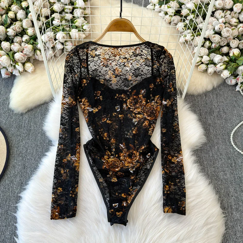 Hotsweet Square Collar Elegant Long Sleeves Chic See Through Mesh Print Bodysuits T-shirt Top Sexy High Street Autumn Jumpsuit