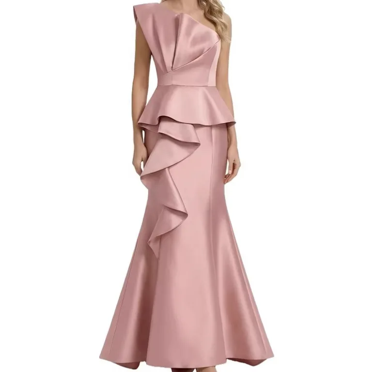 Luxuriöses Staubrosa Satin Meerjungfrauen-Abendkleid mit One-Shoulder-Design, Rüschen und Schößchen – Formelles Partykleid für Hochzeitsgäste, Abschlussball und Bankette – Detail 6