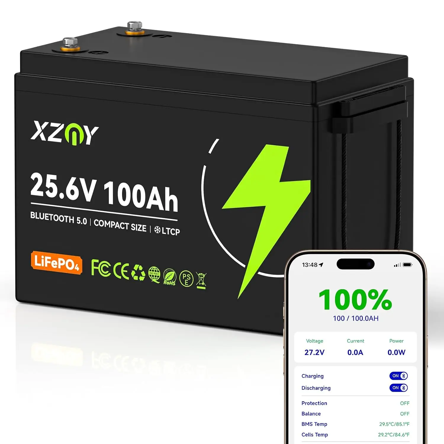 24V 100Ah Bluetooth Lithium Battery, 24V 100Ah LiFePO4 Battery Built-in 100A Smart BMS Supports Real-time SOC Monitoring