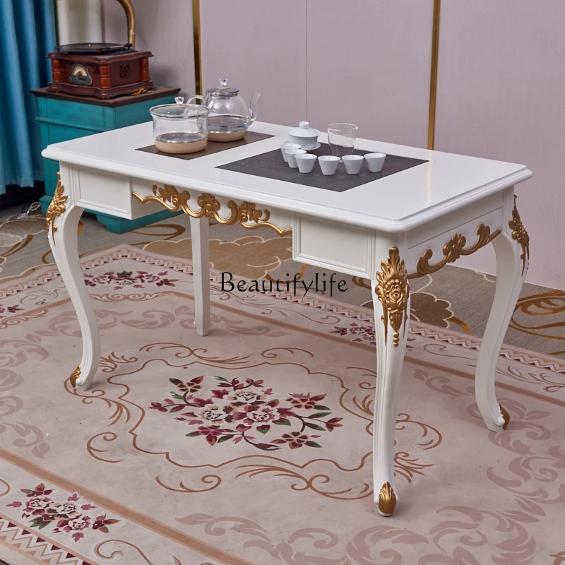 

European tea table Household small tea table Solid wood tea table Ivory white balcony American style