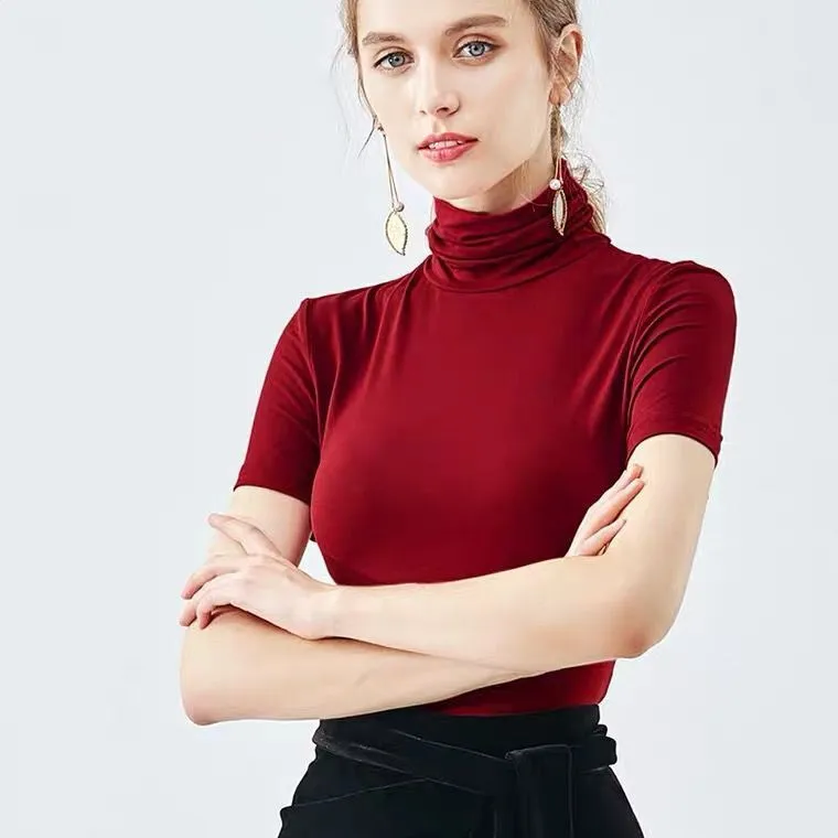 Chemise tricotée à col roulé en coton modal pour femmes, manches courtes, chemisier basique slim, tricots, mode décontractée