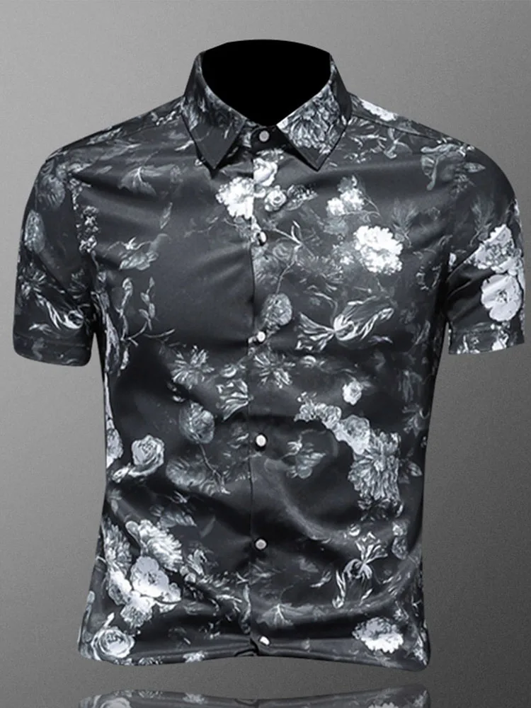

Slim Fit Short Sleeve Shirt Men's Summer Fashion Print Casual Shirt Turn-down Collar Big Size Top Trendy Polyester Fiber