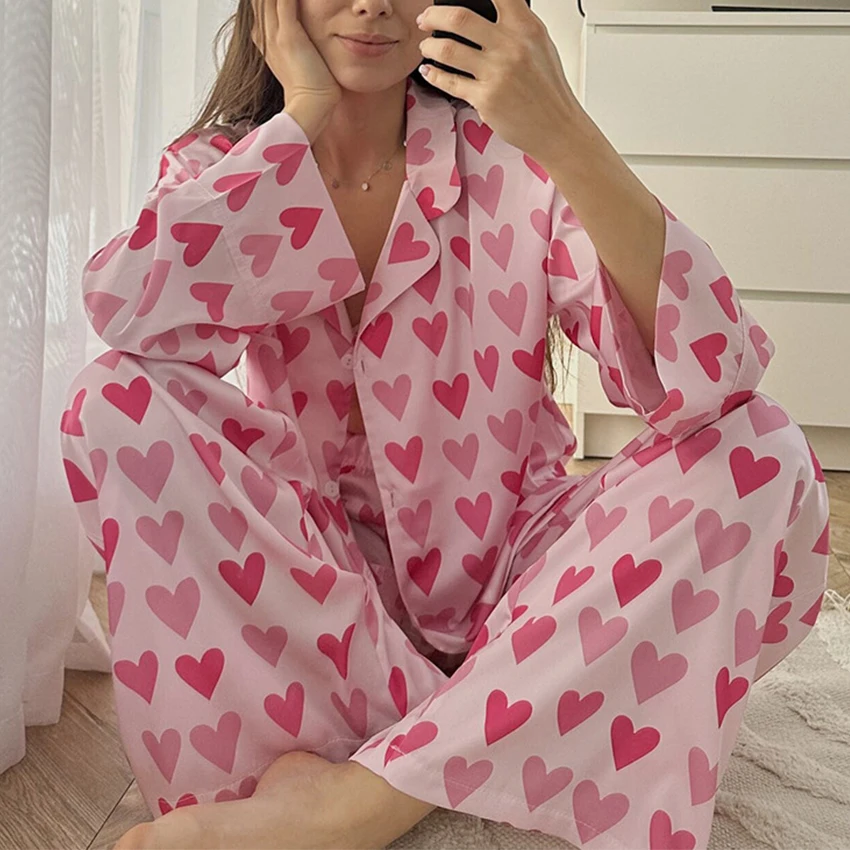 Autumn Pink Heart Printed Silk Satin Women's Home Clothes Sweet Long-sleeved Trousers Sets 2 Pcs Sleepwear Home Wears Nightwear