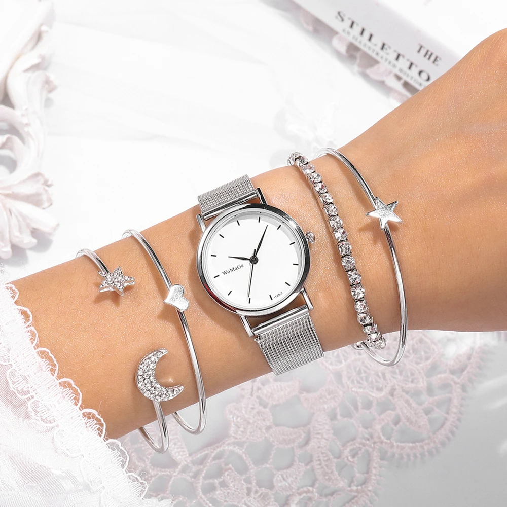 5pieces/set Trendy Silver Mesh Steel Quartz Women Wrist Watch