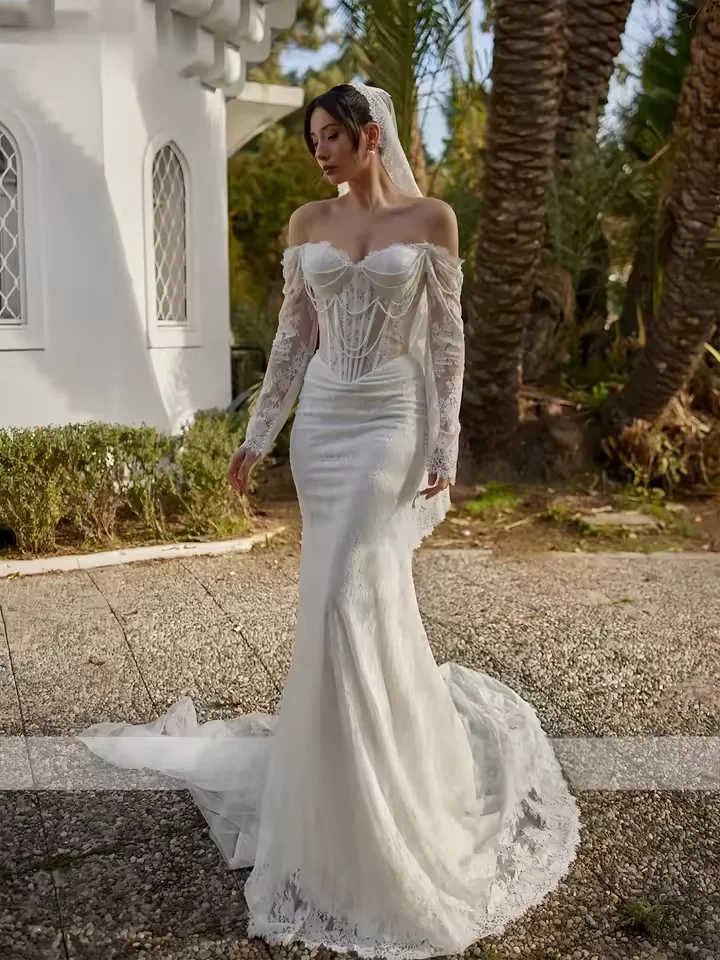 

Elegant Customized Sweetheart Neckline Long Sleeve Mermaid Lace Wedding Gown Amanda Novias for Women's Vestidos De Novia