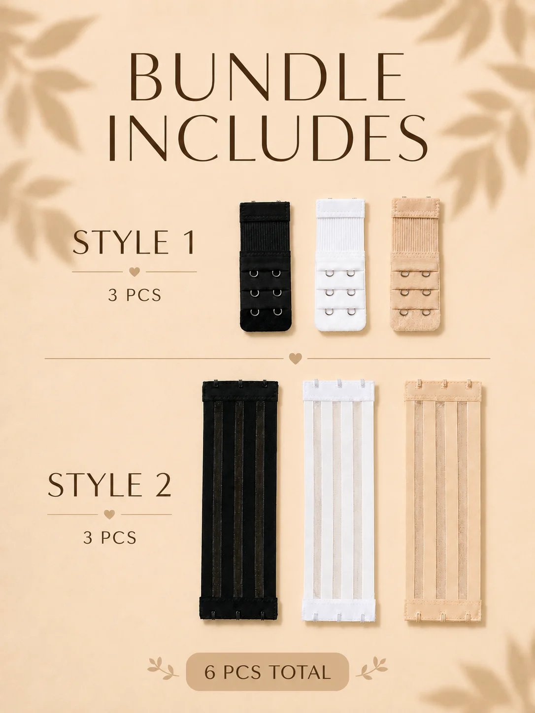 6PCS Bra Extender Set for Women, 2 Styles Hook and Eye Bra Extension Buckles, Adjustable Elastic Bra Extenders, Black White Nude