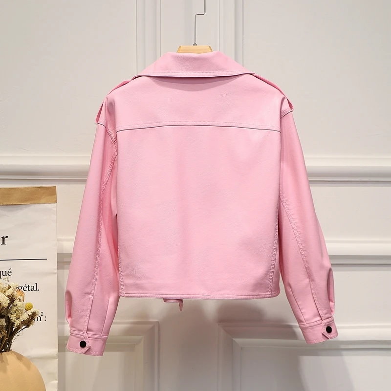 Autumn Women Short Faux PU Leather Jacket Turn Down Collar Black White Pink Casual Loose Long Sleeve Female Outerwear Streetwear