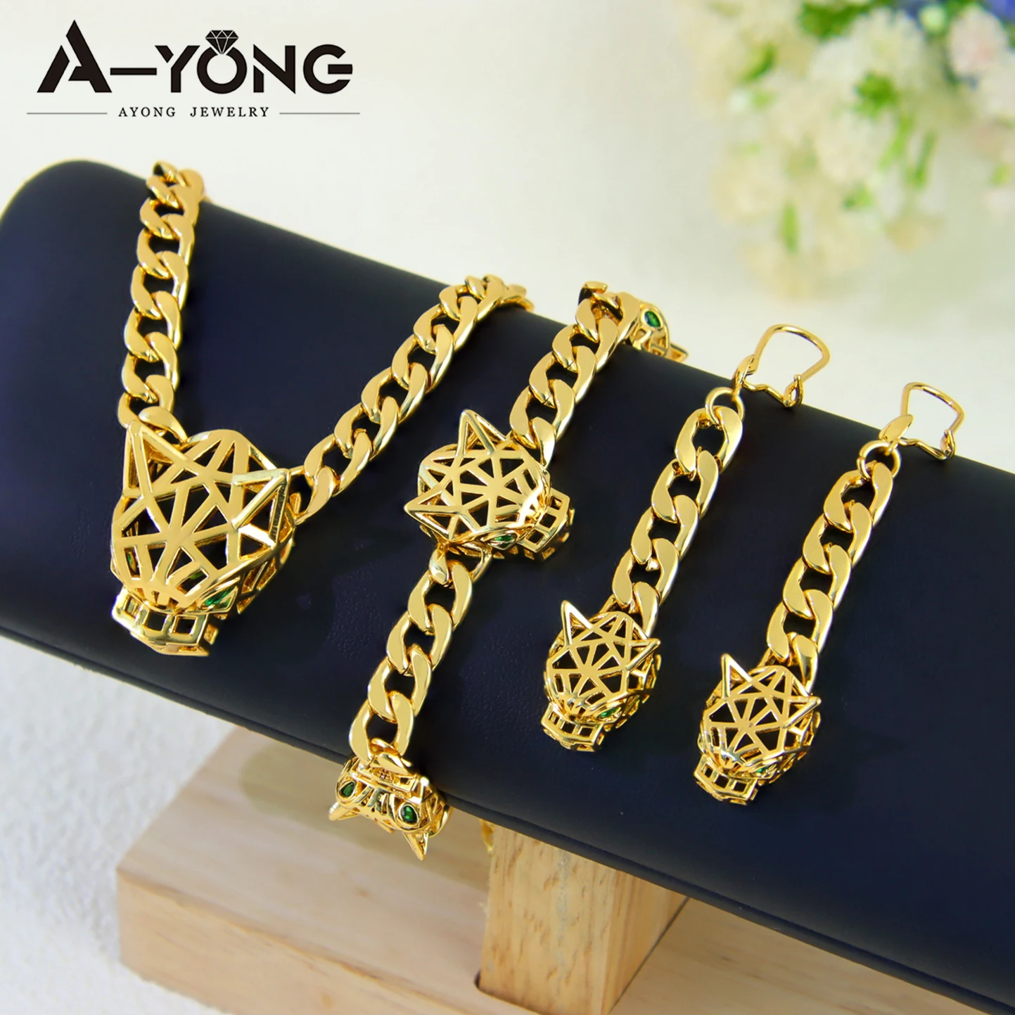 Luxus Dubai Gold Farbe Leopard Anhänger Halskette Set 21k Gold Überzogene Italienische Mode Panther Colliers Saudi Party Schmuck – Detail 3