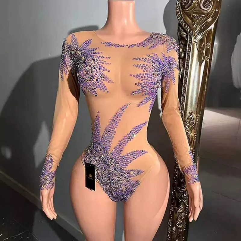 

Lavender Color Diamonds Crytrals Sexy Bodysuit Evening Party Celebrate Performance Costume Dancer Prom Bar Nightclub Stage Wear