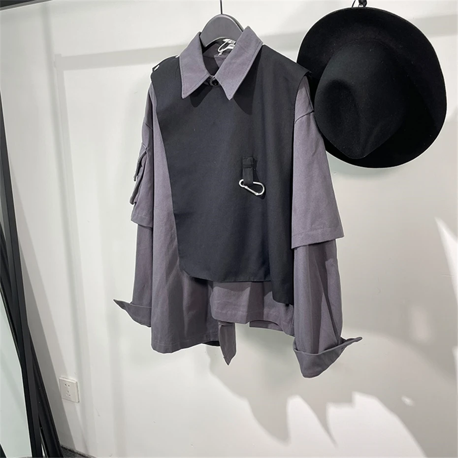 Irregular Patchwork Cargo Shirt Men Streetwear Hip Hop Punk Long Sleeve Shirt Oversized Harajuku Vintage Casual Blouse Coat Male