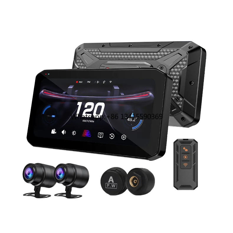 

6.25" Carplay Moto Wireless Carplay Screen with 2HD camers Motorcycle DVR Two Tire Pressure Sensor TMPS and Motor BSD GPS Track