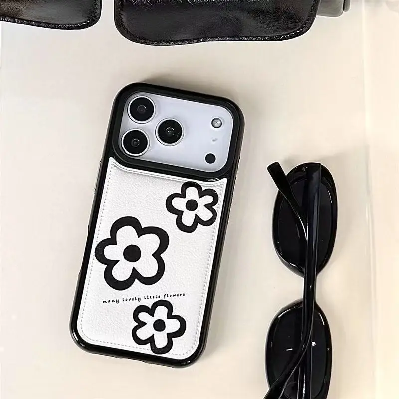

Korean Faux Leather Case for iPhone 17 16 15 Pro Max 11 12 13 14 Plus Air Suede Bumper Male Female Camera Protection Ins Flower