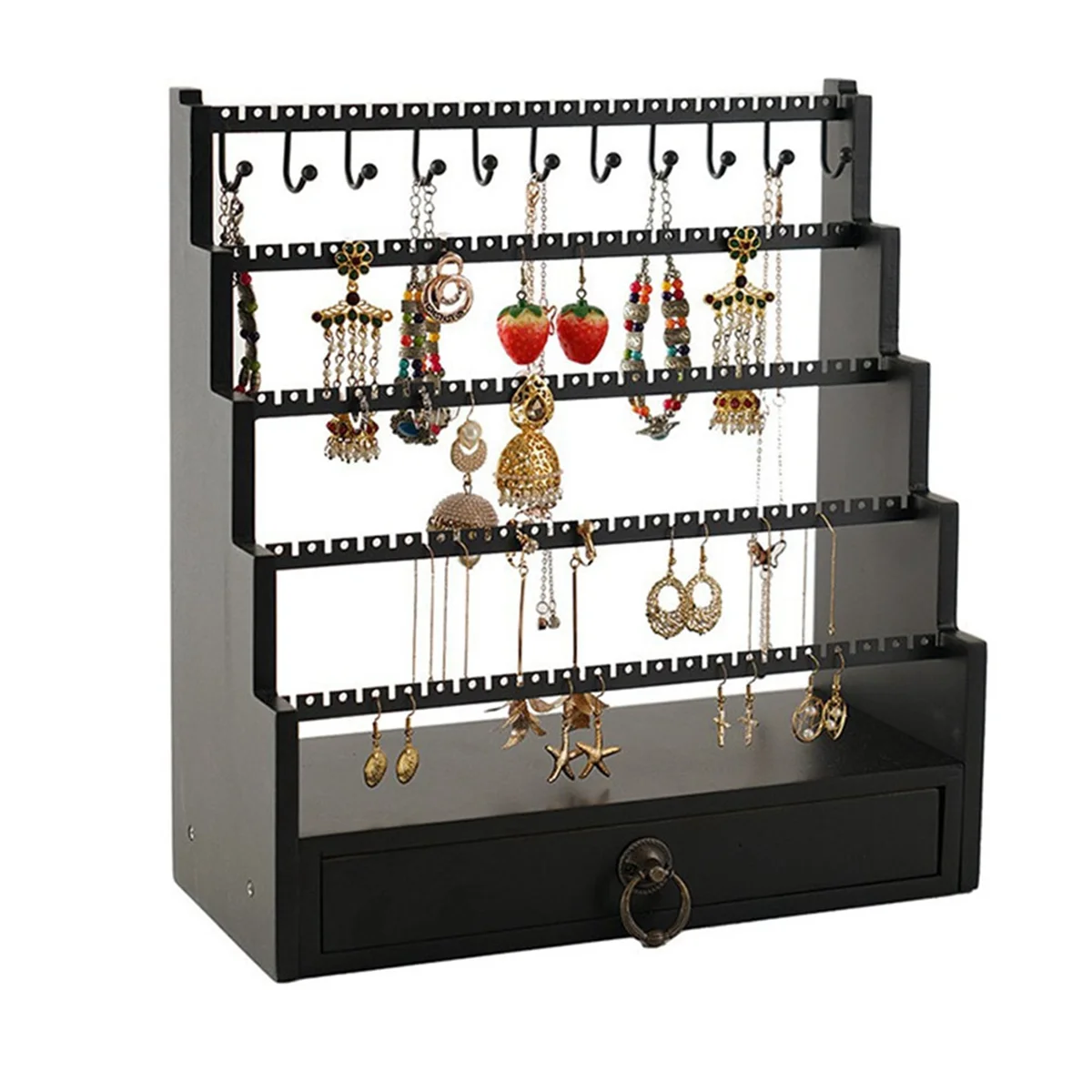 Wooden Jewelry Rack 5-Story Tower Display Jewelry Rack Removable Earrings Necklaces Rings Jewelry Stand with Drawer