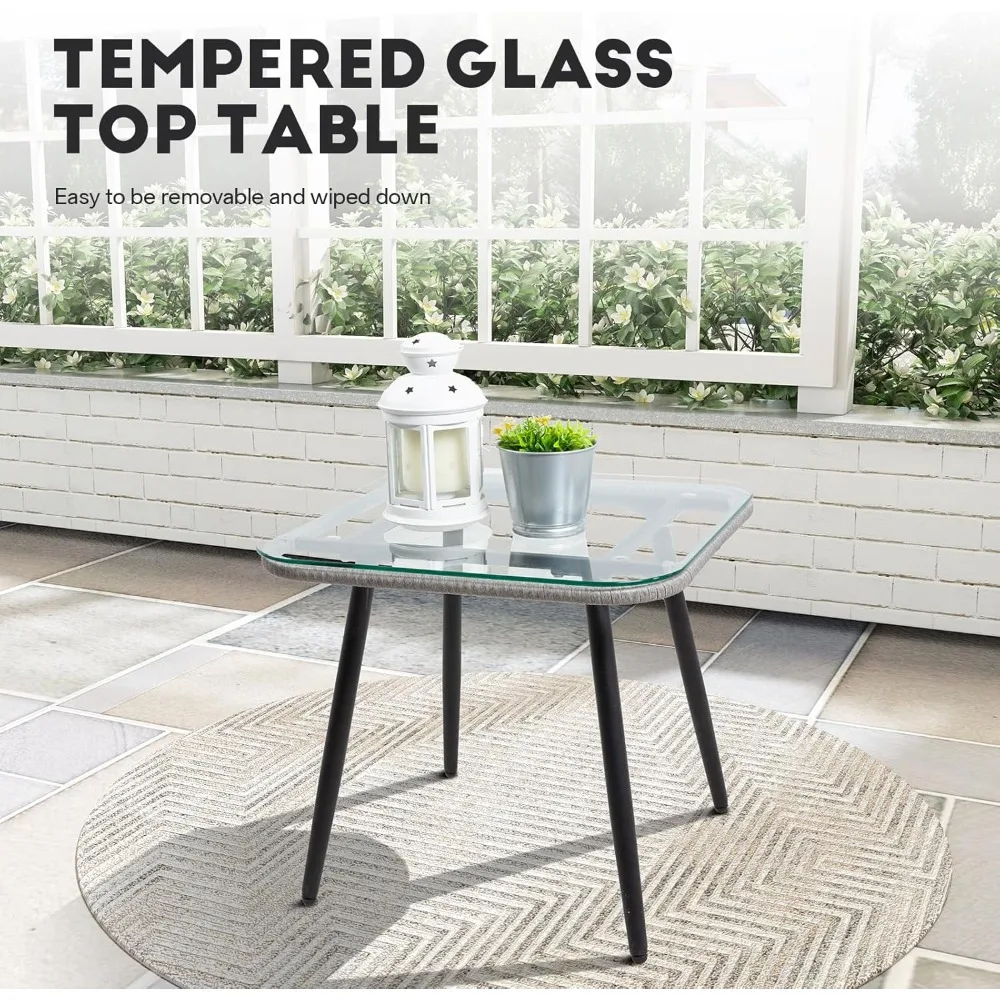 Conjunto de móveis para pátio externo de 5 peças, móveis de varanda de vime com otomanos, mesa de bistrô de vime e cadeiras, apoio para os pés