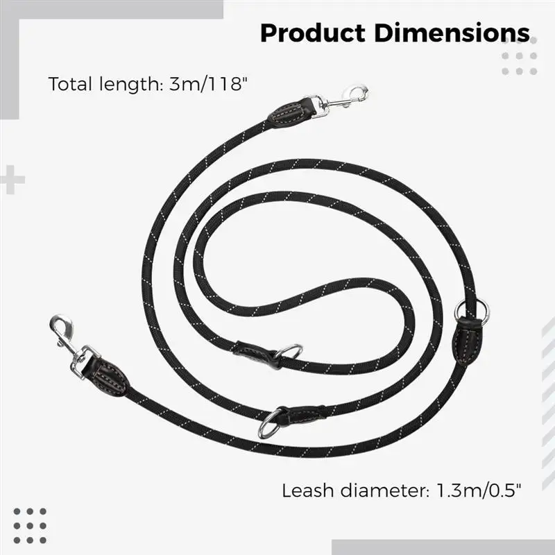 Dog Leash Reflective Nylon Double Leash Carabiners 3 Adjustment Rings Adjustable Dog Shoulder Leash Jogging Leash Training Leash