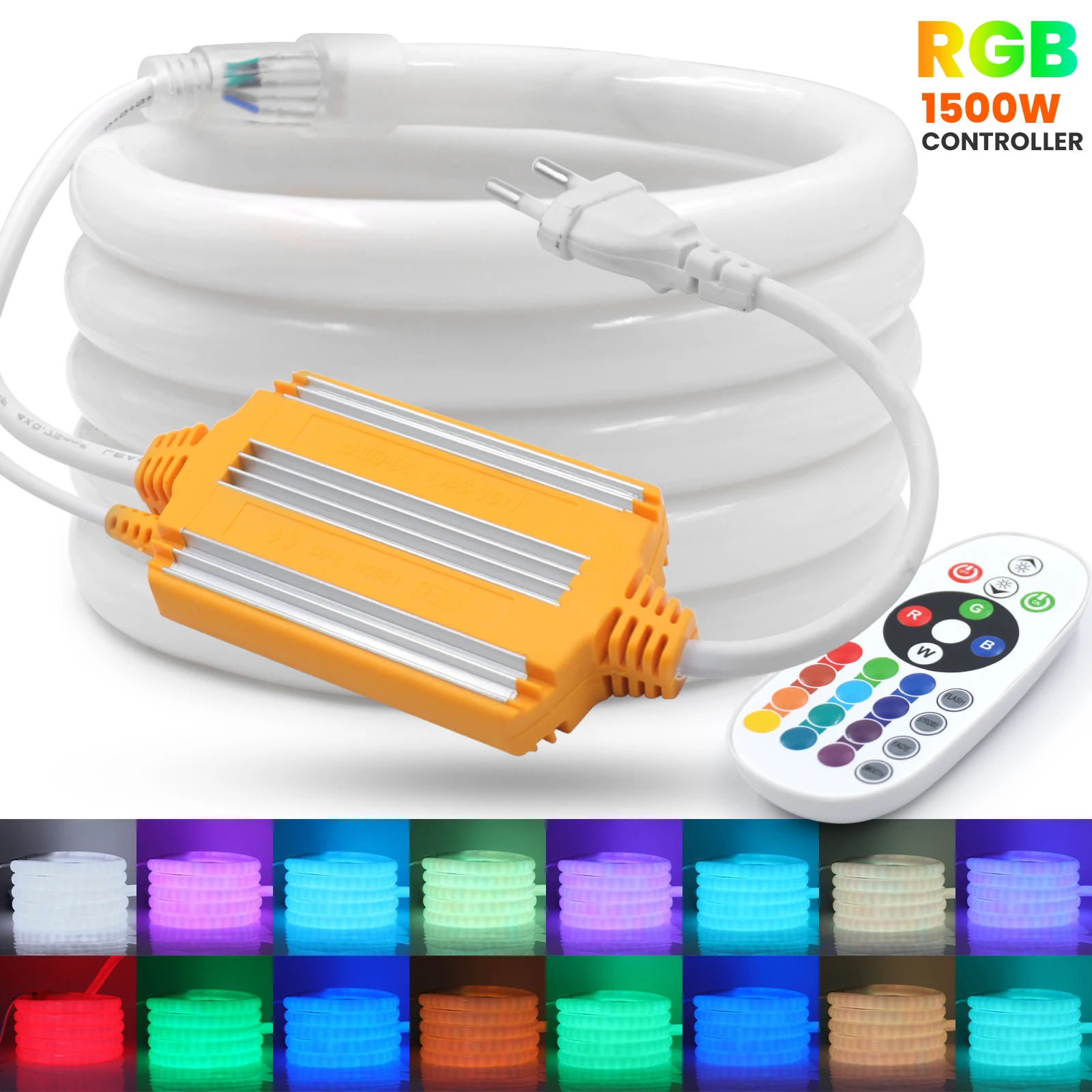 

RGB 5050 LED Neon Strip 1500W 24Key IR Control Dimmable EU Plug 220V Round Neon Tape Light IP67 Waterproof Outdoor Decoration