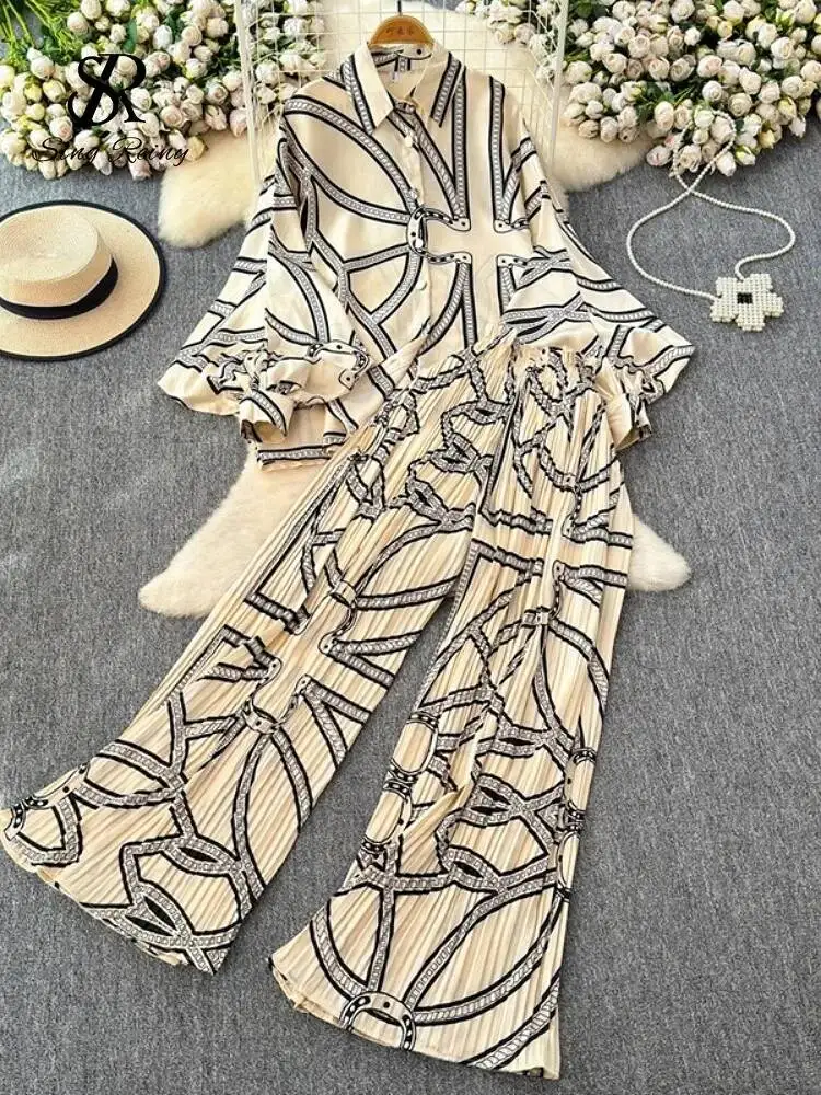 Europe America Style Oversize Print Suits Women Loose Shirt+High Waist Pleated Long Pants Two Pieces Sets