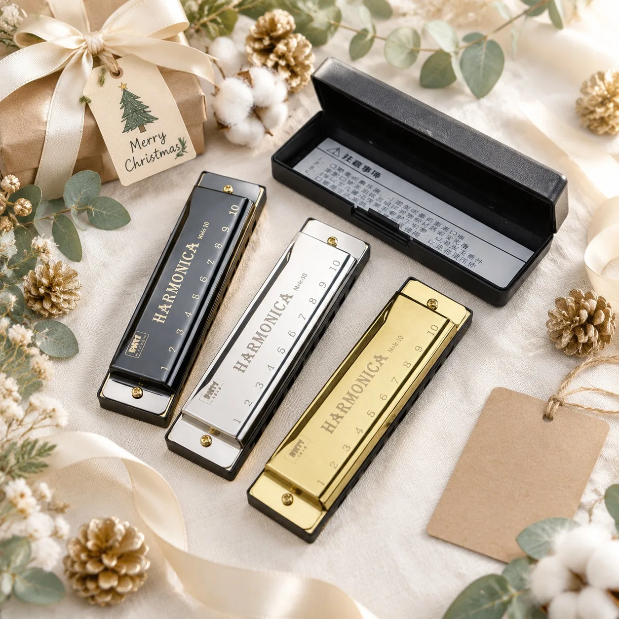 1PC Elegant Retro 10-Hole Metal Harmonica Black Golden Silvery Portable Pocket Musical Instrument for Beginners Party Favors ZYF