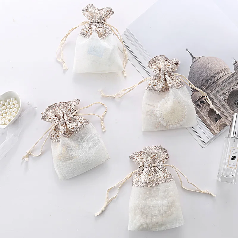 Lace Jewelry Drawstring Organza Bags, Pouches, Beige, Candy Packaging, Flower, Wedding Gift Storage, Craft Supplies, Wholesales