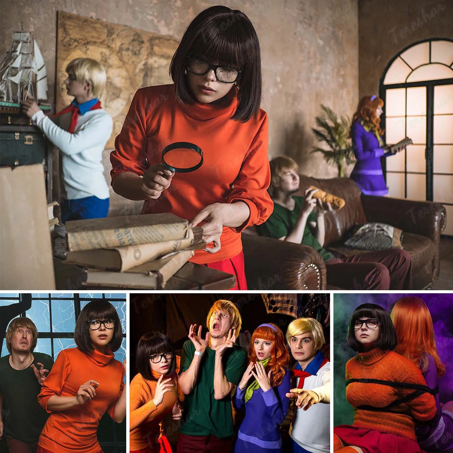 Synthetic Brown Bob Wig+Glasses+Magnifying Glass,Short Straight Wig with Bangs for Daily Party Halloween Cosplay,Amine Velma Wig