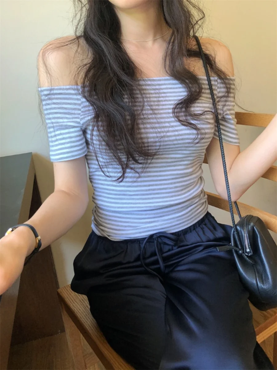 فريدة من نوعها SEI الكورية Sle الشارع الشهير الصيف oulder baring شريط سليم صالح ort Sve تي شيرت علوي عادية تخفيف Faion #3