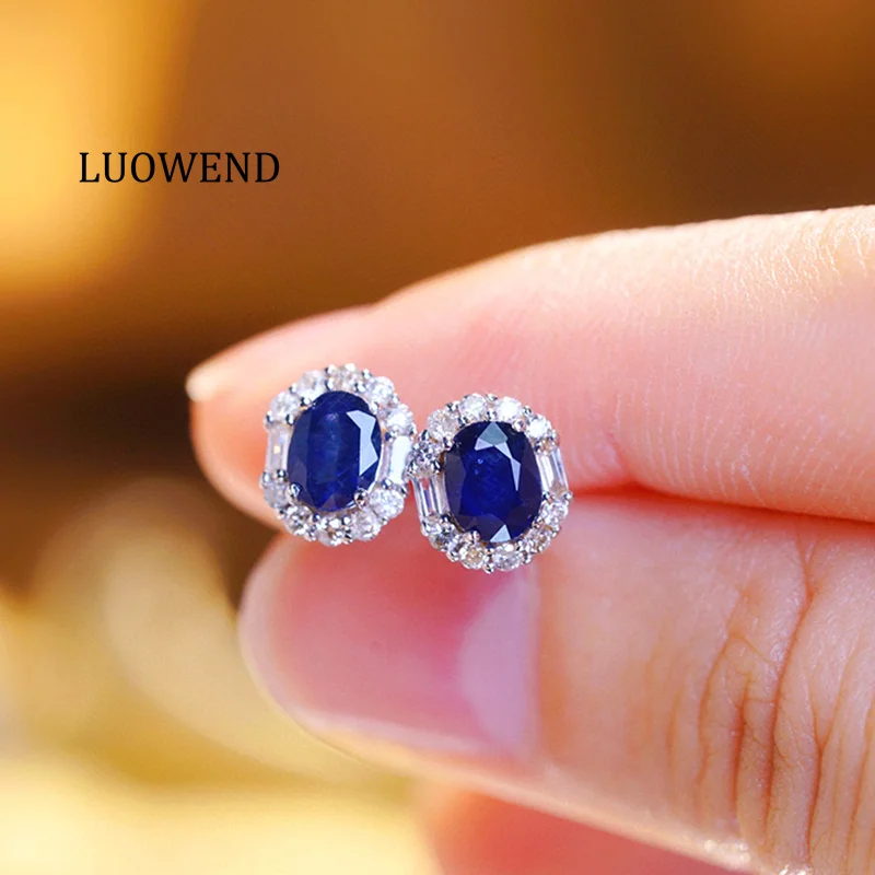

Серьги LUOWEND из 100% белого золота 18 карат с натуральными бриллиантами и натуральными сапфирами для женщин, элегантный классический дизайн, рождественский подарок