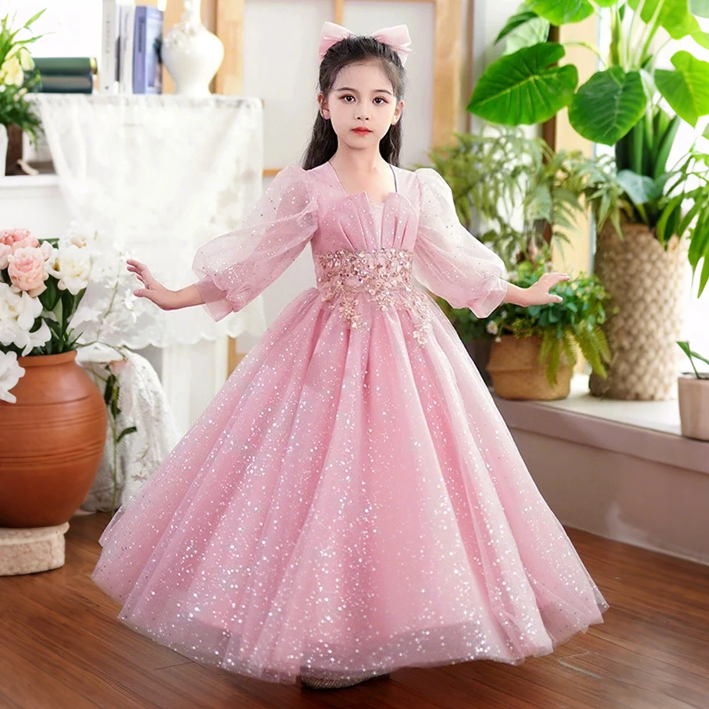 

Long Sleeve Puffy Wedding Dress For Girls Luxury Shiny Princess Dress Piano Performance Girl Evening Dress Gown Kids Prom Dress