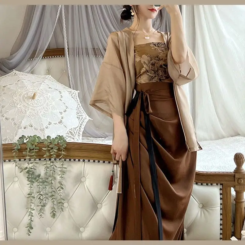 Hanfu tradisional Cina Set wanita, tiga potong atasan kardigan longgar Retro + rok pinggang tinggi + dada akhir cetak musim panas